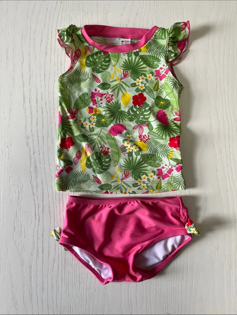 Ruffle Butts Pink & Green Tropical Rashguard Swim Set